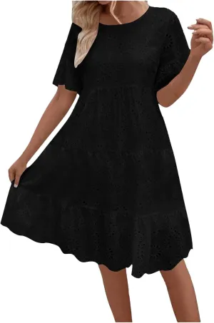Trendy Womens Casual Dresses Eyelet Lace Tiered Mini Dress Short Sleeve Loose Fit Comfy Summer Beach Sundresses