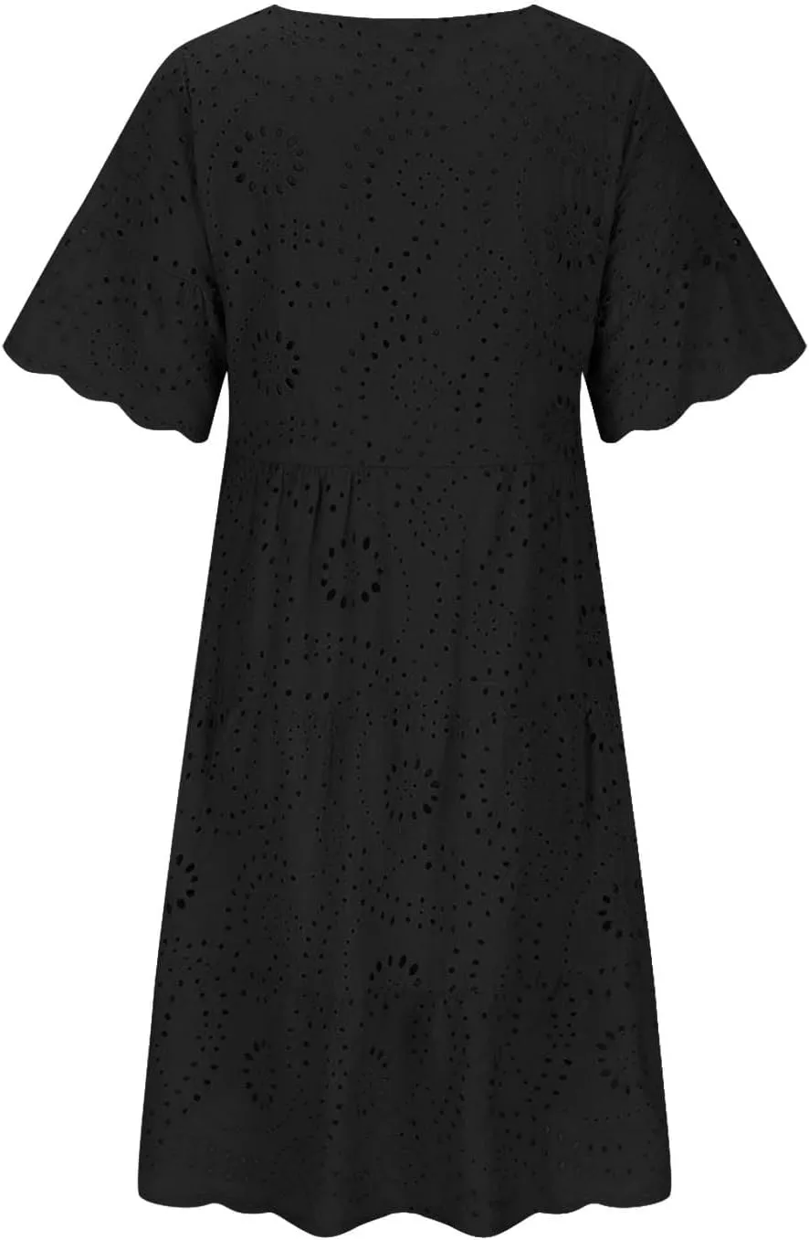 Trendy Womens Casual Dresses Eyelet Lace Tiered Mini Dress Short Sleeve Loose Fit Comfy Summer Beach Sundresses