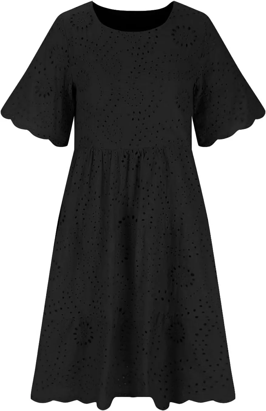 Trendy Womens Casual Dresses Eyelet Lace Tiered Mini Dress Short Sleeve Loose Fit Comfy Summer Beach Sundresses