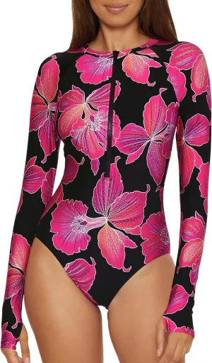 Trina Turk Women's Monaco Paddle One Piece Swimsuit, Rash Guard, Uv Protection, Zip Front, Long Sleeve, Bathing Suits