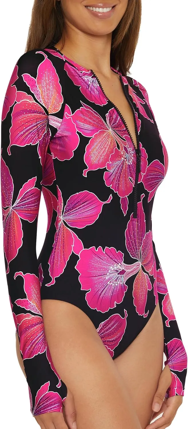 Trina Turk Women's Monaco Paddle One Piece Swimsuit, Rash Guard, Uv Protection, Zip Front, Long Sleeve, Bathing Suits