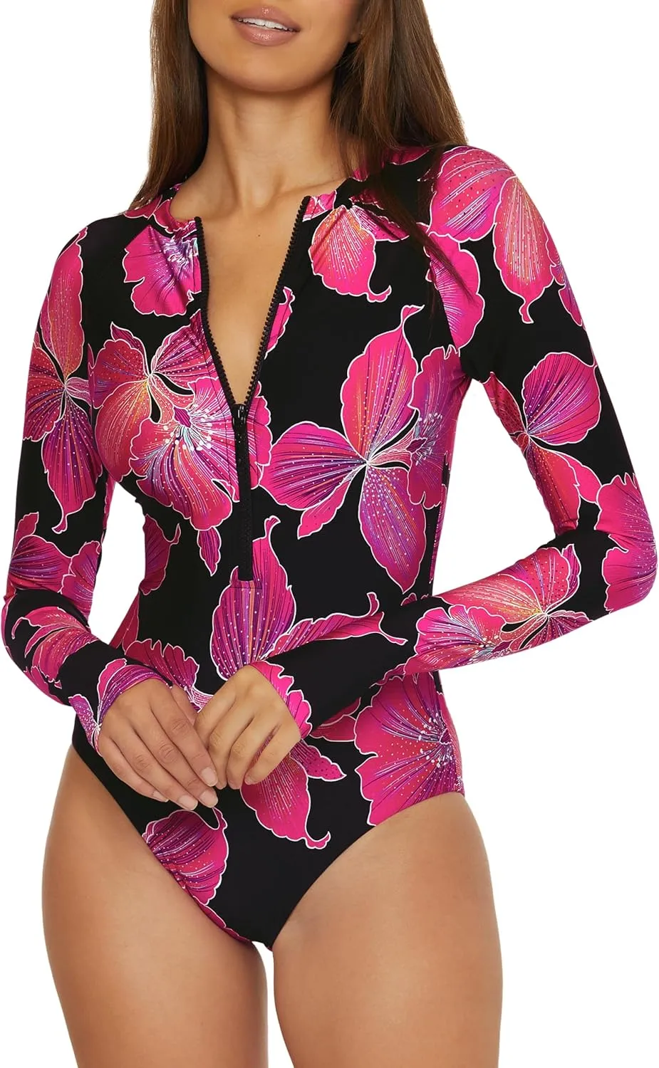 Trina Turk Women's Monaco Paddle One Piece Swimsuit, Rash Guard, Uv Protection, Zip Front, Long Sleeve, Bathing Suits