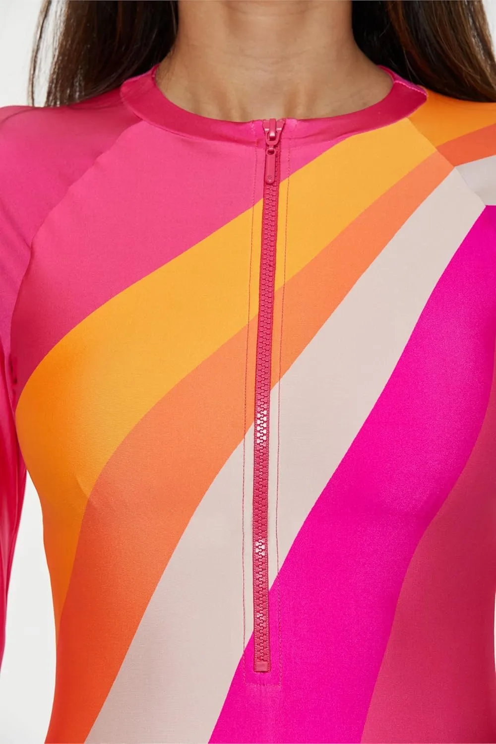 Trina Turk Women's Monaco Paddle One Piece Swimsuit, Rash Guard, Uv Protection, Zip Front, Long Sleeve, Bathing Suits