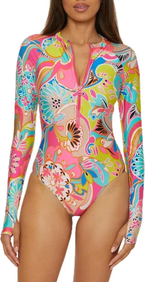 Trina Turk Women's Monaco Paddle One Piece Swimsuit, Rash Guard, Uv Protection, Zip Front, Long Sleeve, Bathing Suits