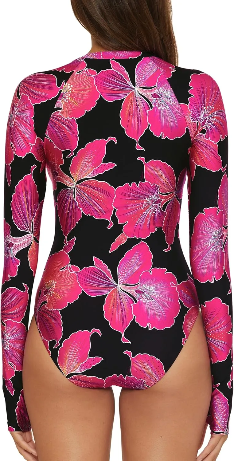 Trina Turk Women's Monaco Paddle One Piece Swimsuit, Rash Guard, Uv Protection, Zip Front, Long Sleeve, Bathing Suits
