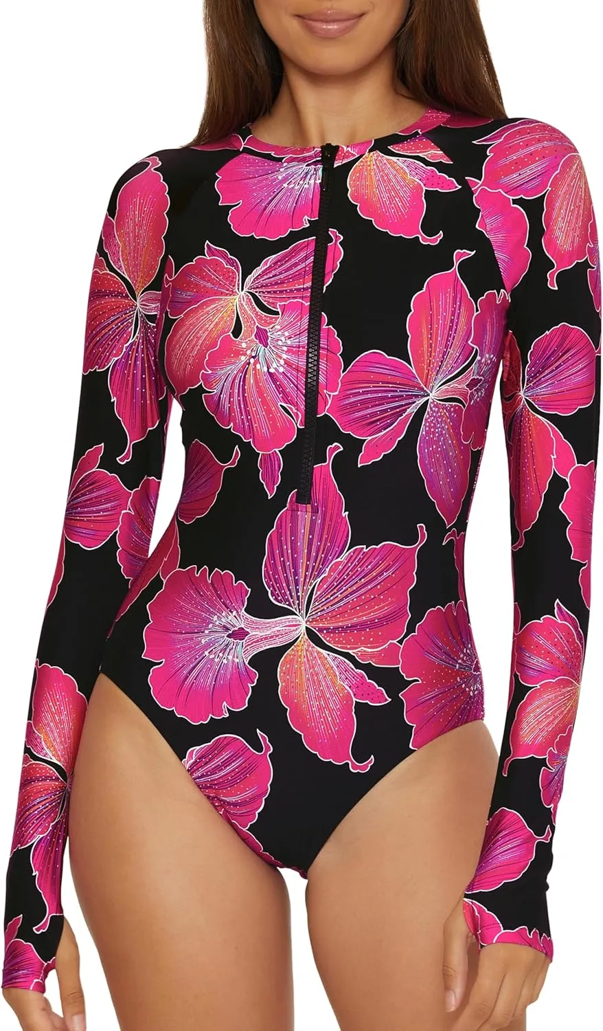 Trina Turk Women's Monaco Paddle One Piece Swimsuit, Rash Guard, Uv Protection, Zip Front, Long Sleeve, Bathing Suits