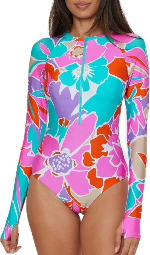 Trina Turk Women's Monaco Paddle One Piece Swimsuit, Rash Guard, Uv Protection, Zip Front, Long Sleeve, Bathing Suits