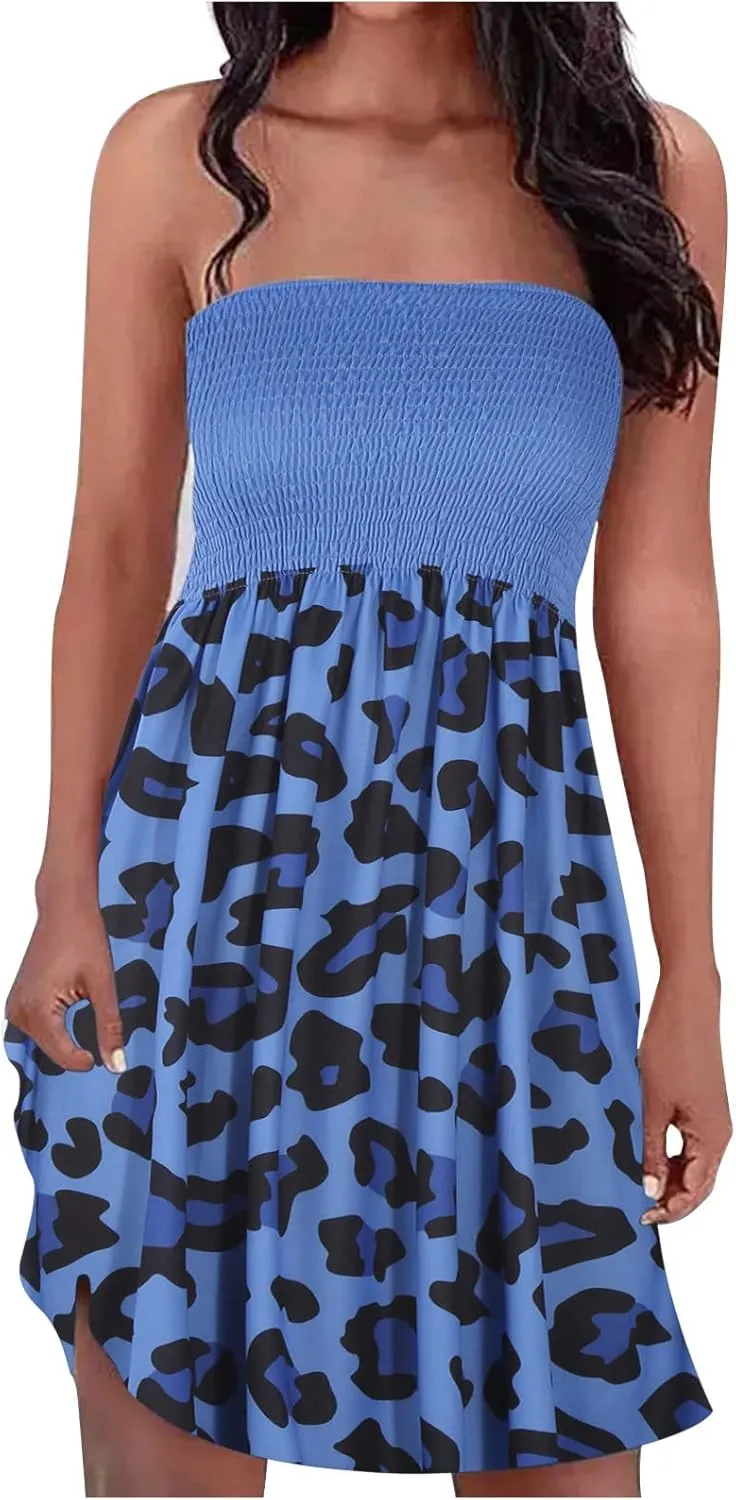 Tube Top Dress Women 2024 Sexy Boho Floral Print Sleeveless Short Sundress Elastic Waist Strapless Beach Mini Dress