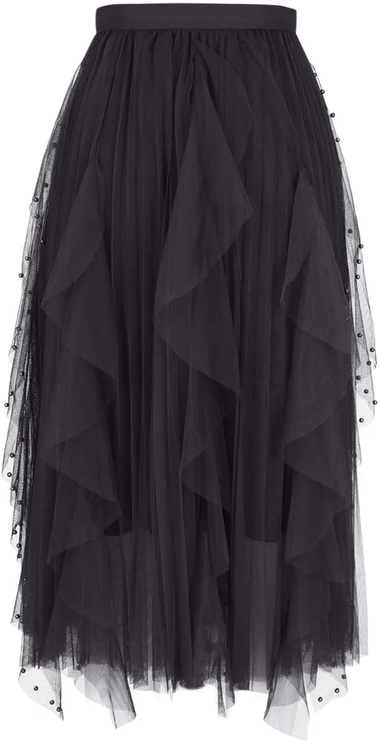 Tulle Skirts for Women Solid Color Flowy Midi Skirt Irregular Hem Mesh Layered High Elastic Waist A-line Swing Skirts