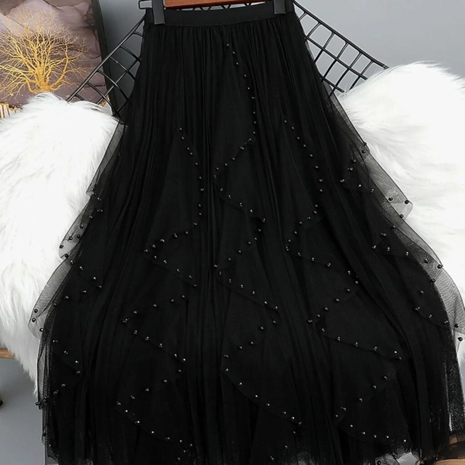Tulle Skirts for Women Solid Color Flowy Midi Skirt Irregular Hem Mesh Layered High Elastic Waist A-line Swing Skirts