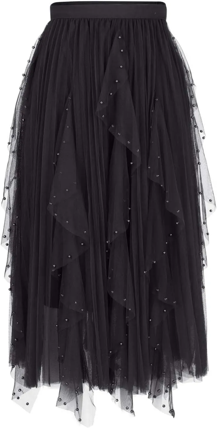 Tulle Skirts for Women Solid Color Flowy Midi Skirt Irregular Hem Mesh Layered High Elastic Waist A-line Swing Skirts