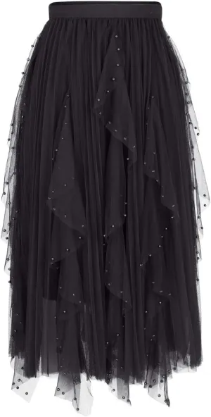 Tulle Skirts for Women Solid Color Flowy Midi Skirt Irregular Hem Mesh Layered High Elastic Waist A-line Swing Skirts
