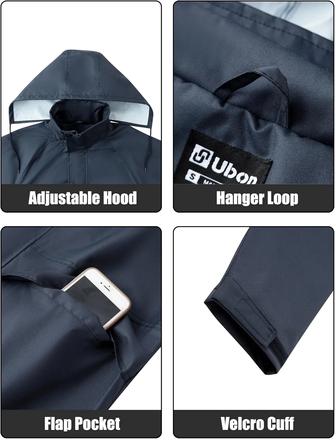 Ubon Mens Long Rain Coat Waterproof with Hood, Lightweight Rain Jacket Spring Windbreaker for Travel and Hiking