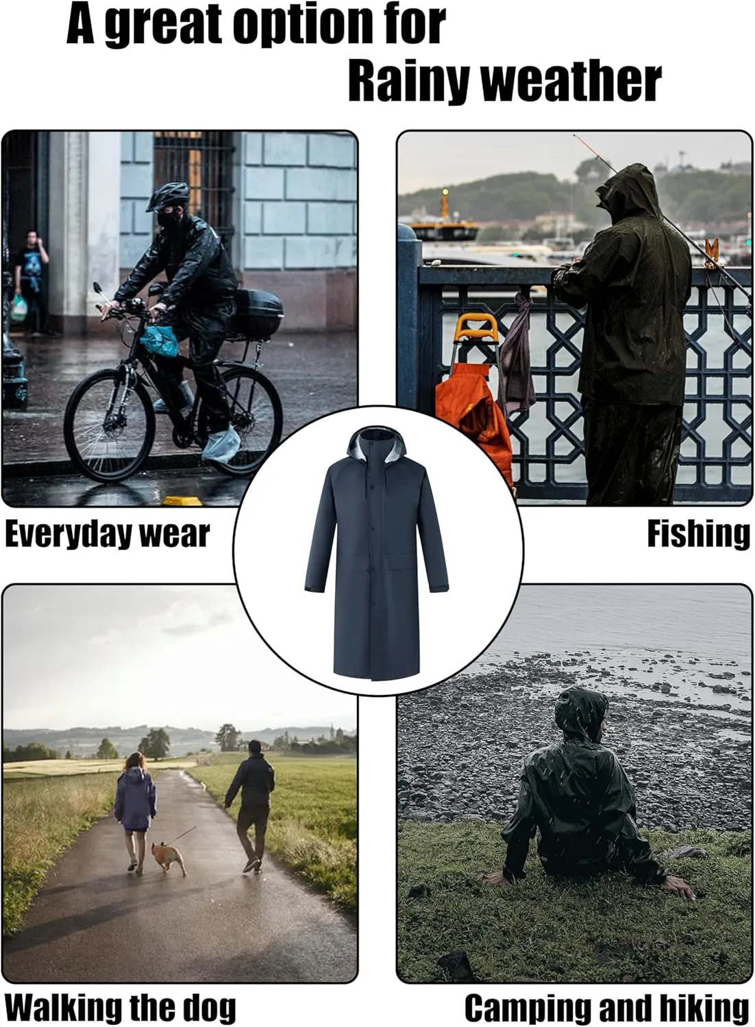 Ubon Mens Long Rain Coat Waterproof with Hood, Lightweight Rain Jacket Spring Windbreaker for Travel and Hiking