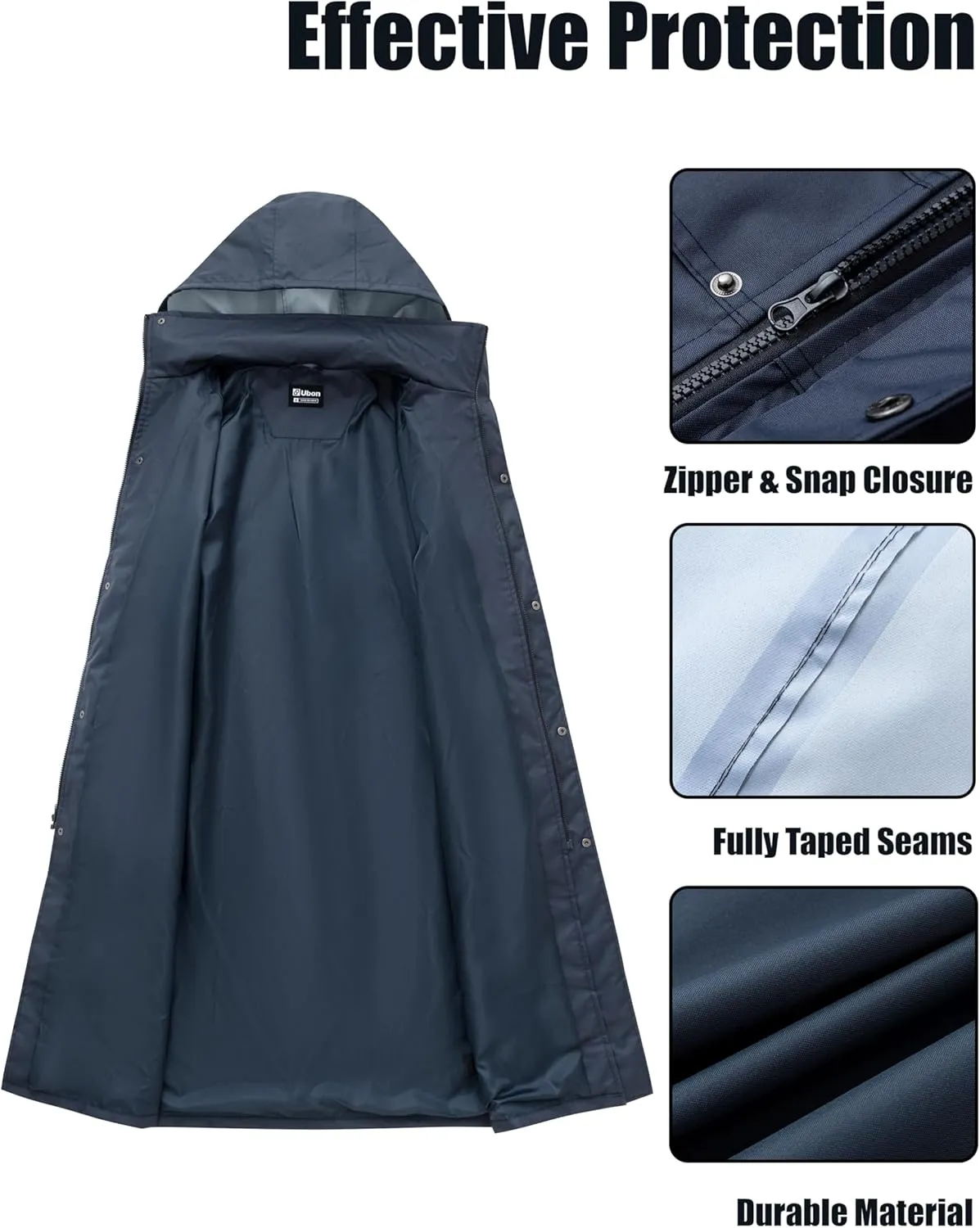 Ubon Mens Long Rain Coat Waterproof with Hood, Lightweight Rain Jacket Spring Windbreaker for Travel and Hiking
