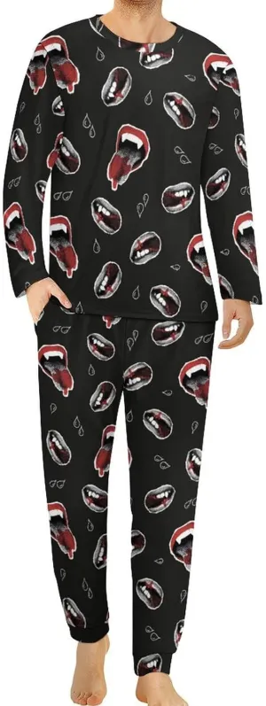Vampire Red Lips Mens Pajamas Set Nightwear Loungewear Pajamas for Men Long Sleeve Sleepwear Pjs Pockets