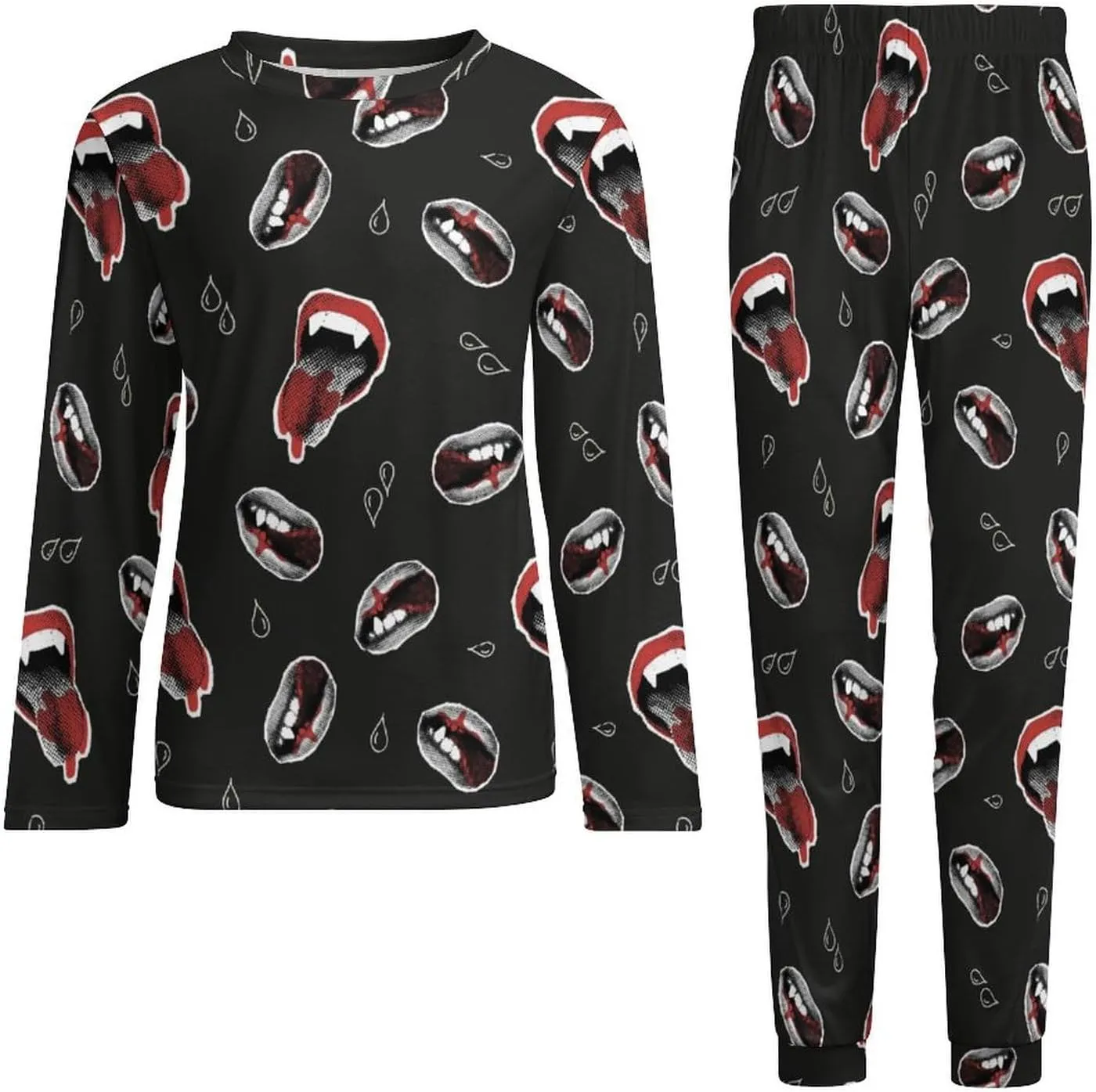 Vampire Red Lips Mens Pajamas Set Nightwear Loungewear Pajamas for Men Long Sleeve Sleepwear Pjs Pockets