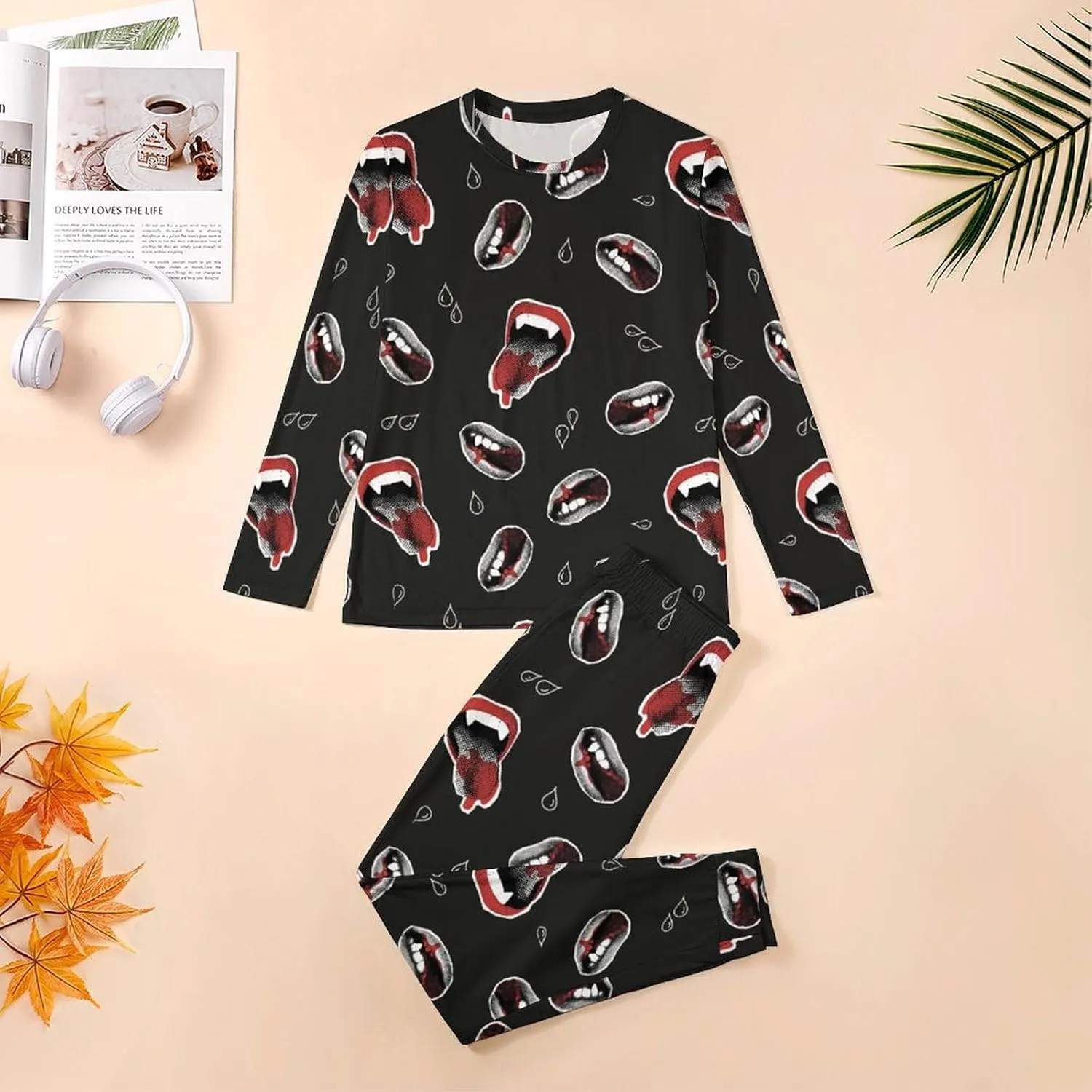Vampire Red Lips Mens Pajamas Set Nightwear Loungewear Pajamas for Men Long Sleeve Sleepwear Pjs Pockets