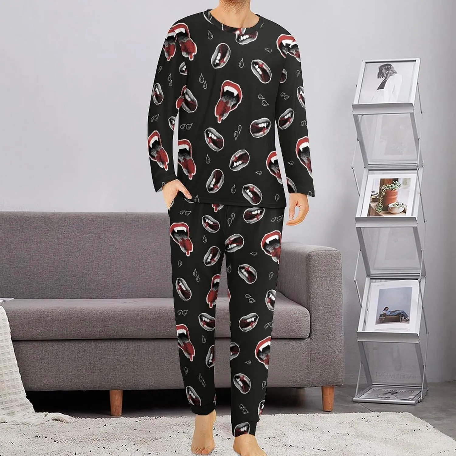Vampire Red Lips Mens Pajamas Set Nightwear Loungewear Pajamas for Men Long Sleeve Sleepwear Pjs Pockets
