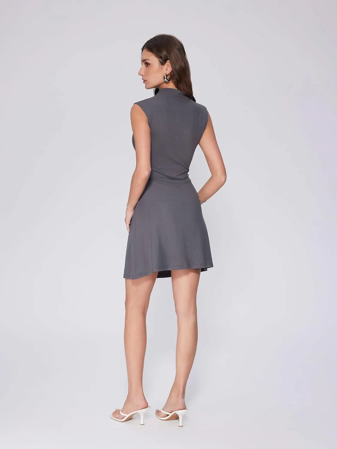 Vinova Sleeveless Mini Dresses for Women Summer Ruched Mock Asymmetrical Neck A Line Work Dress Business Casual Outfit
