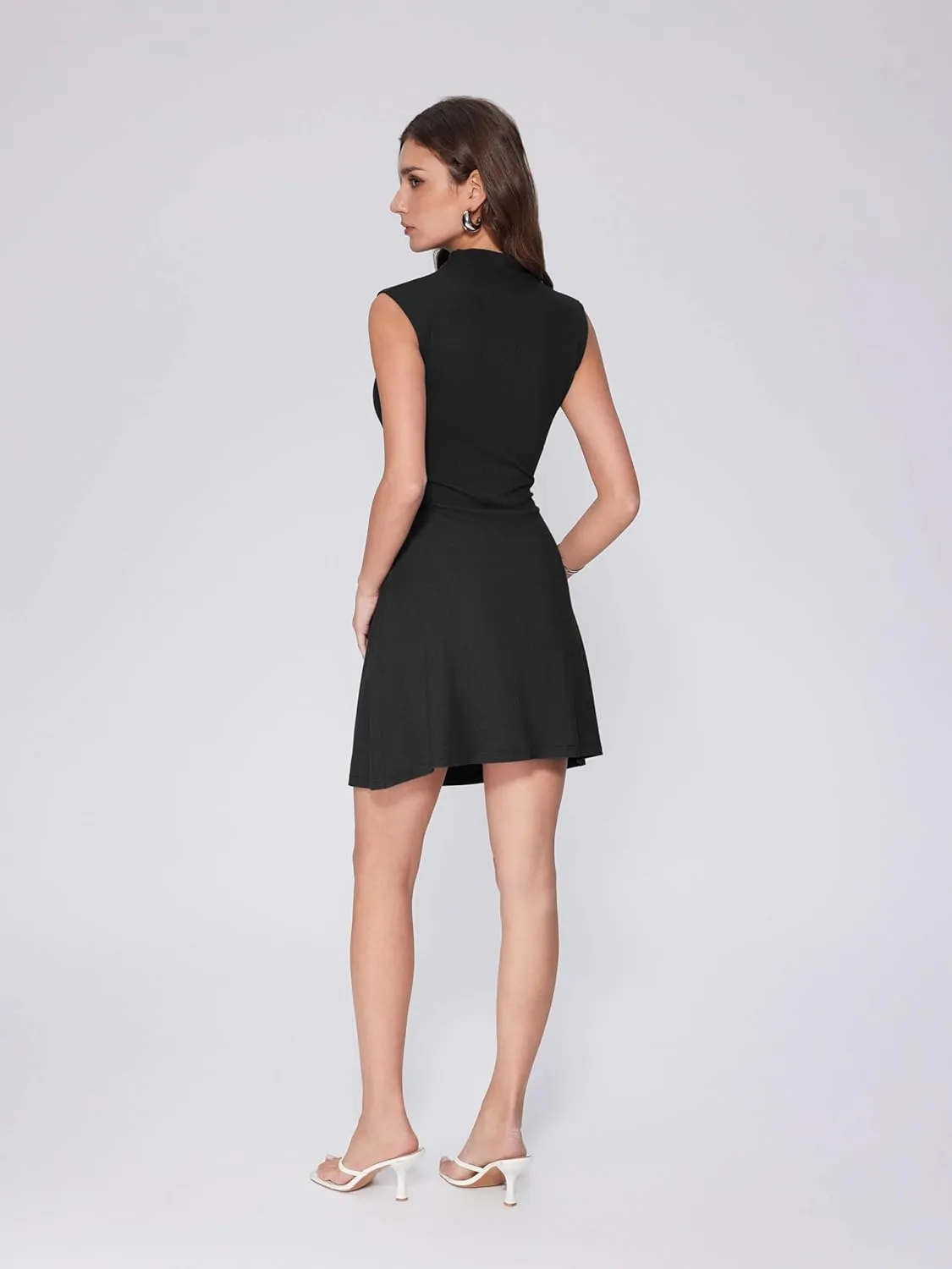 Vinova Sleeveless Mini Dresses for Women Summer Ruched Mock Asymmetrical Neck A Line Work Dress Business Casual Outfit