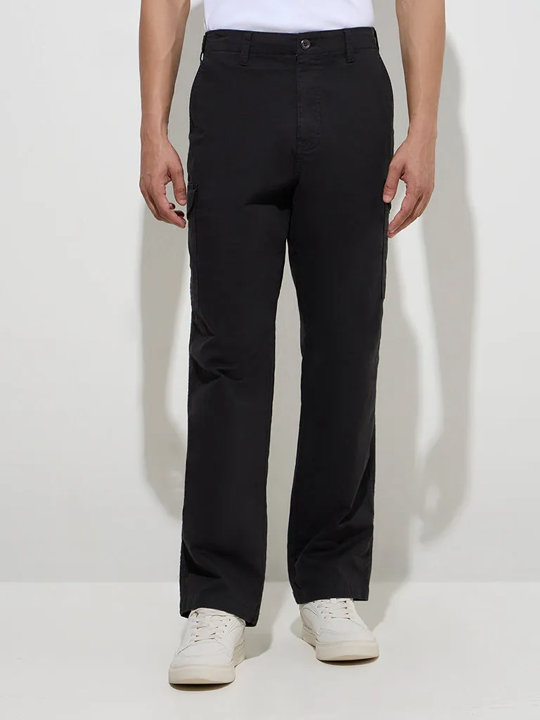 WES Casuals Black Relaxed-Fit Cotton-Blend Trousers