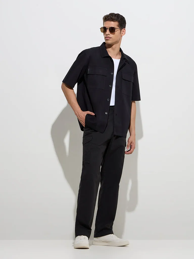 WES Casuals Black Relaxed-Fit Cotton-Blend Trousers