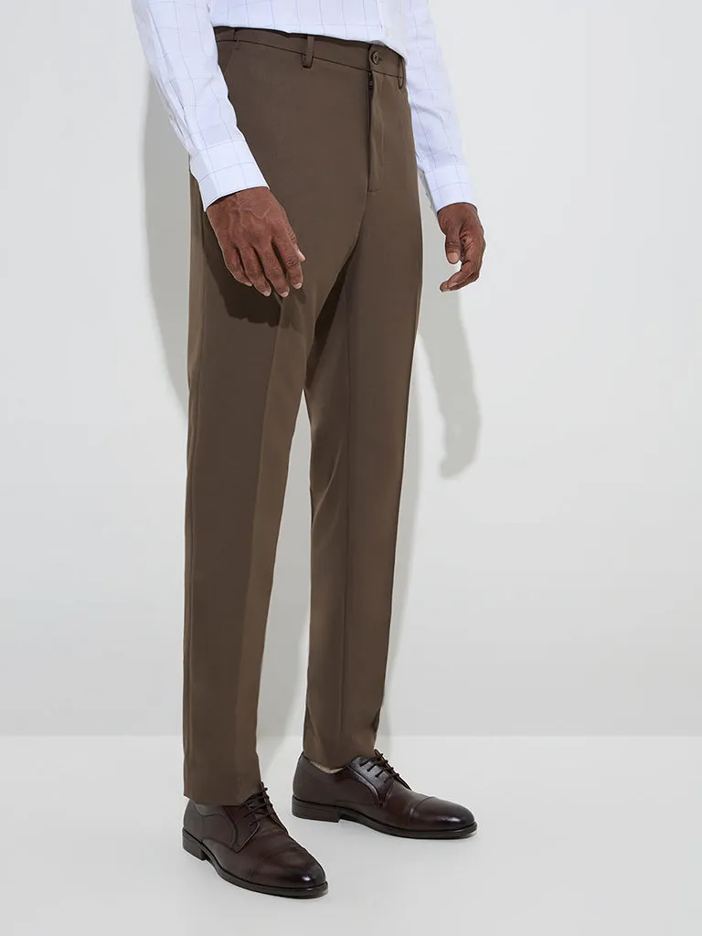 WES Formals Dark Brown Relaxed-Fit Mid-Rise Trousers