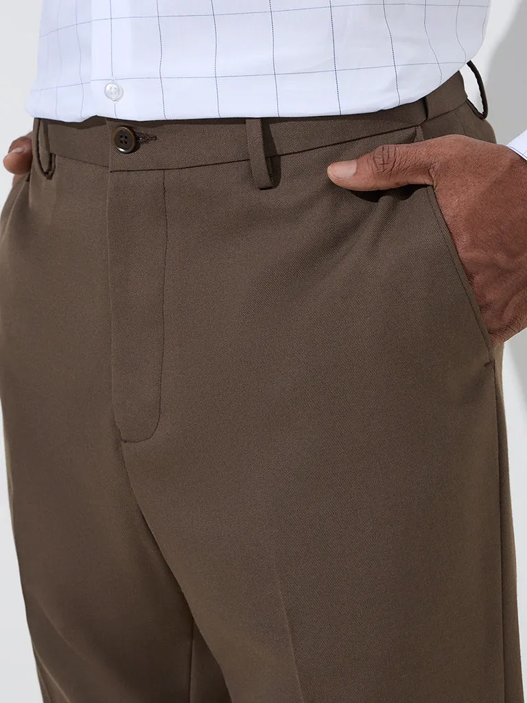WES Formals Dark Brown Relaxed-Fit Mid-Rise Trousers