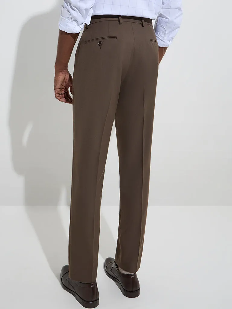 WES Formals Dark Brown Relaxed-Fit Mid-Rise Trousers