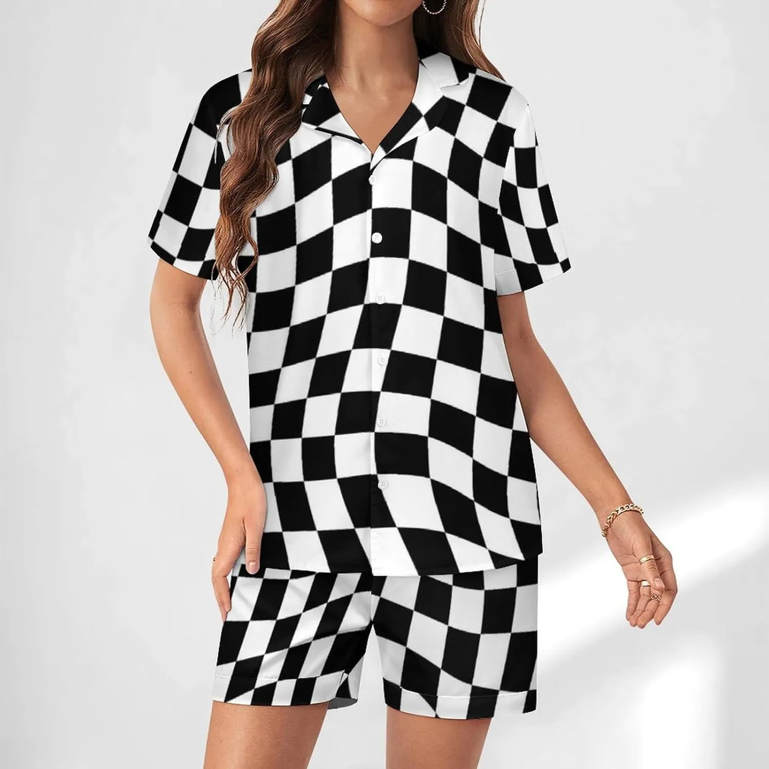 Women 2-Piece Silky Sleepwear Shorts and Button Down Short Sleeve Top