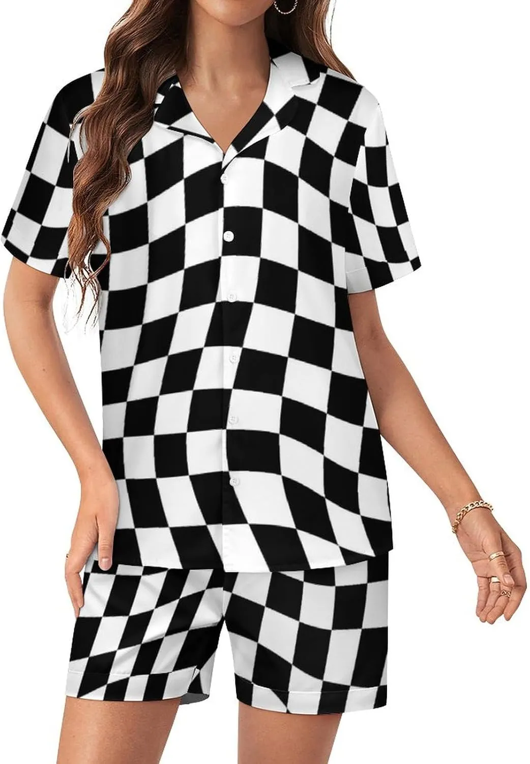 Women 2-Piece Silky Sleepwear Shorts and Button Down Short Sleeve Top