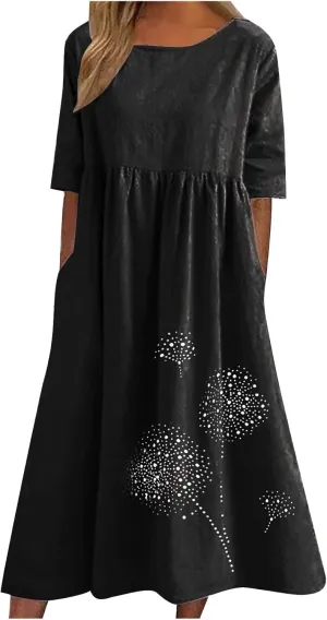 Women 2024 Casual Summer Dress Cotton Linen Maxi Long Dresses Short Sleeve Boho Dress Dressy Clothing with Pockets