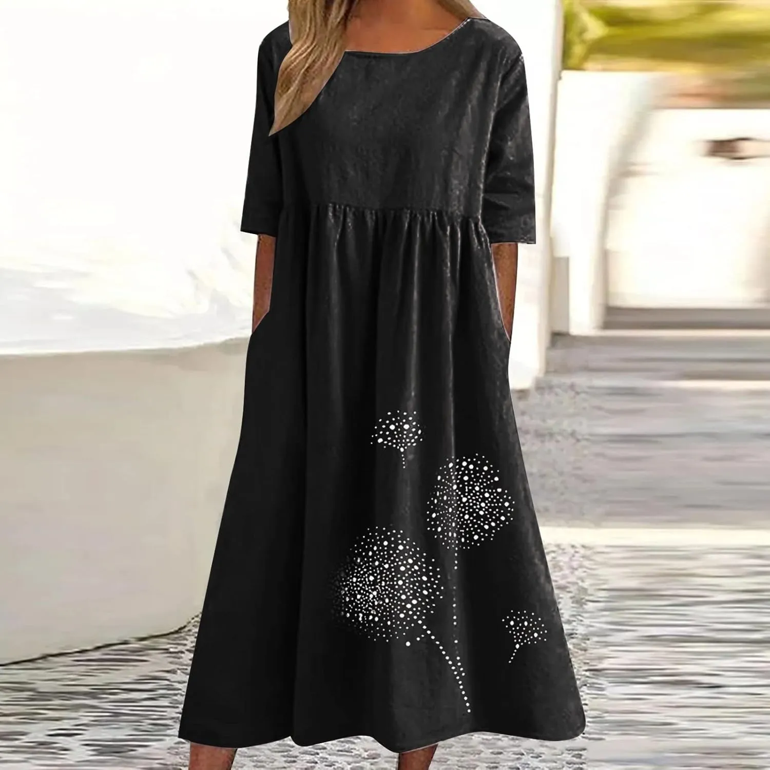 Women 2024 Casual Summer Dress Cotton Linen Maxi Long Dresses Short Sleeve Boho Dress Dressy Clothing with Pockets