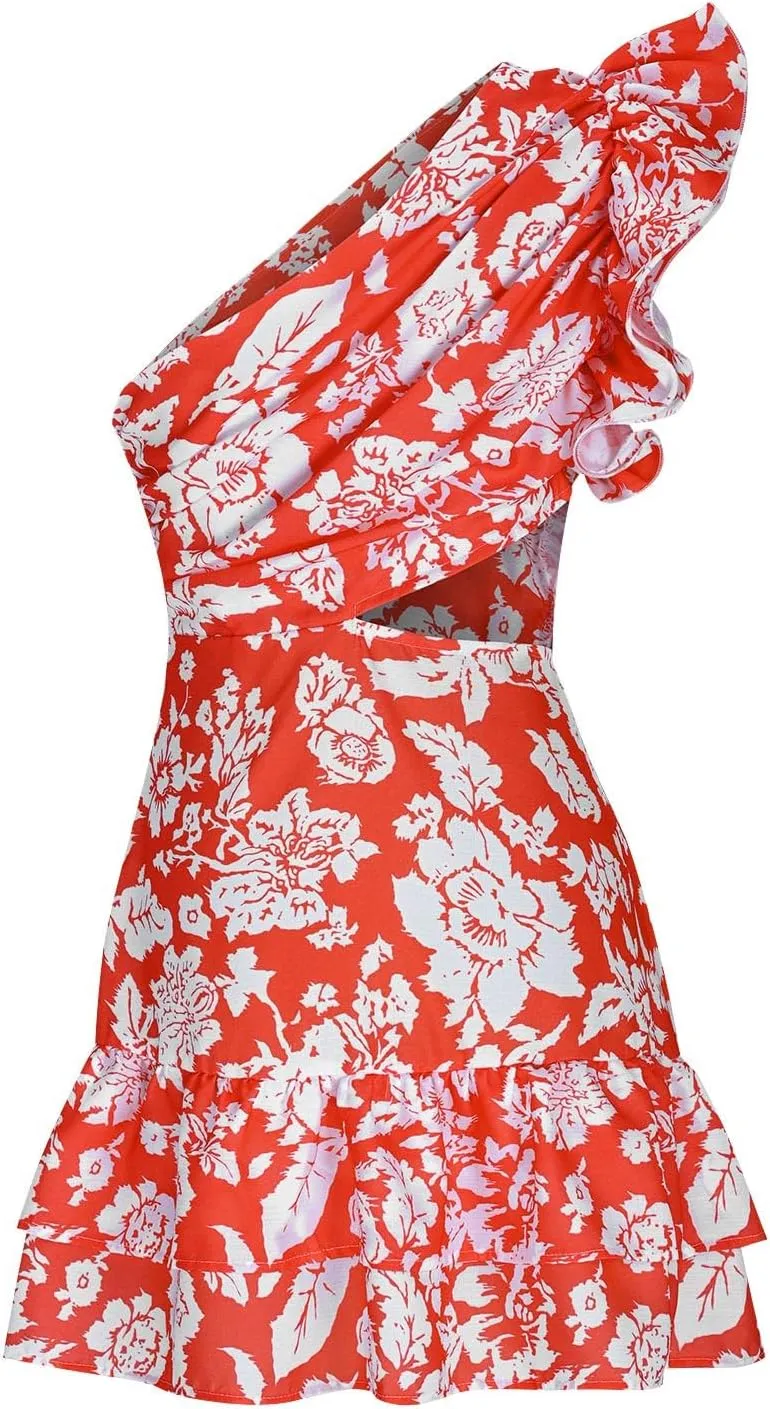 Women Boho Floral Beach Dress Frill Sleeveless One Shoulder Cut Out Mini Dresses Summer Tiered Ruffle Vacation Dress