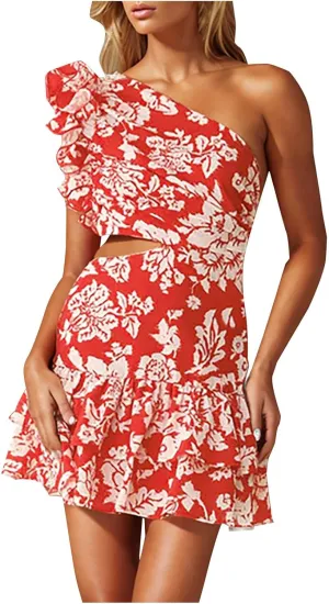 Women Boho Floral Beach Dress Frill Sleeveless One Shoulder Cut Out Mini Dresses Summer Tiered Ruffle Vacation Dress