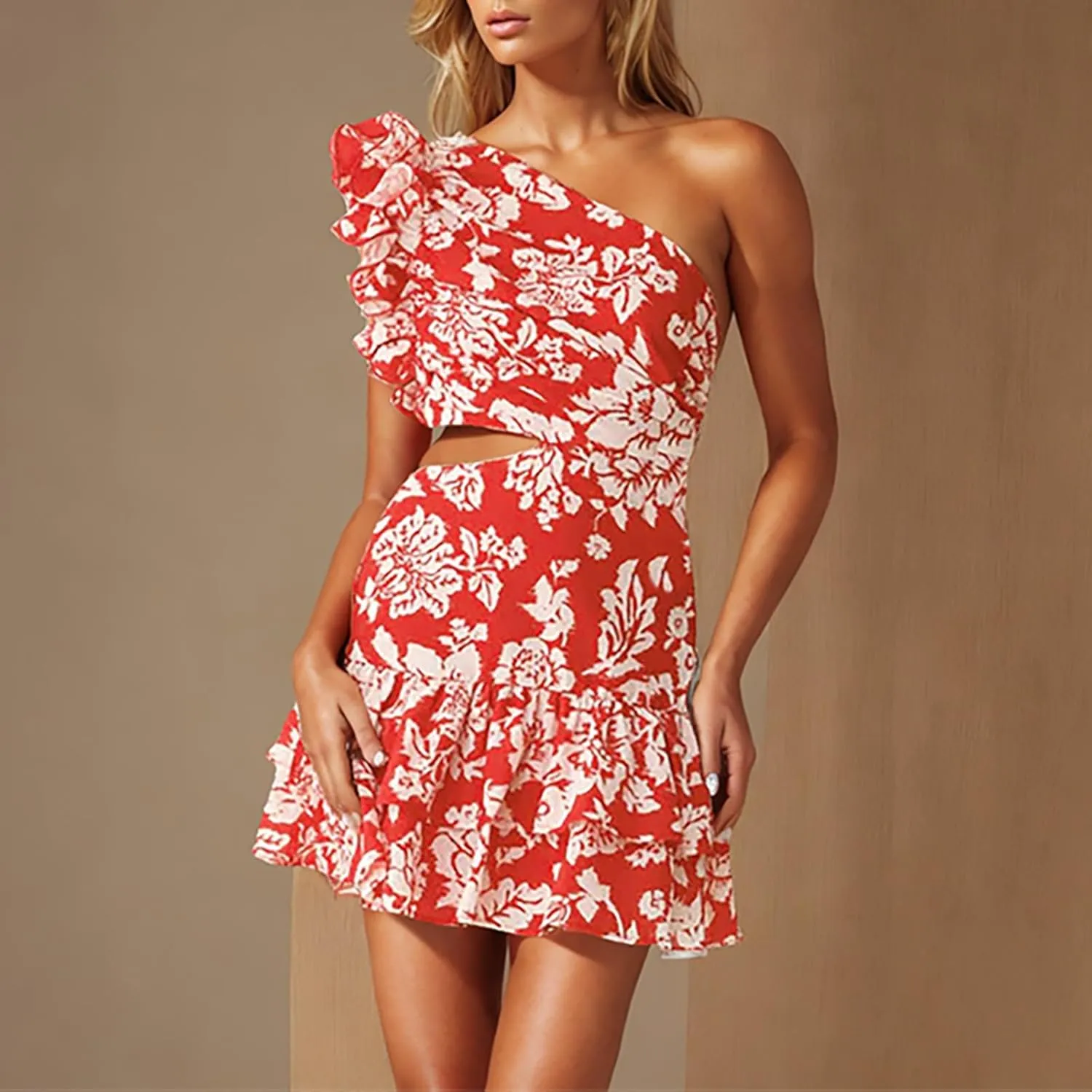 Women Boho Floral Beach Dress Frill Sleeveless One Shoulder Cut Out Mini Dresses Summer Tiered Ruffle Vacation Dress