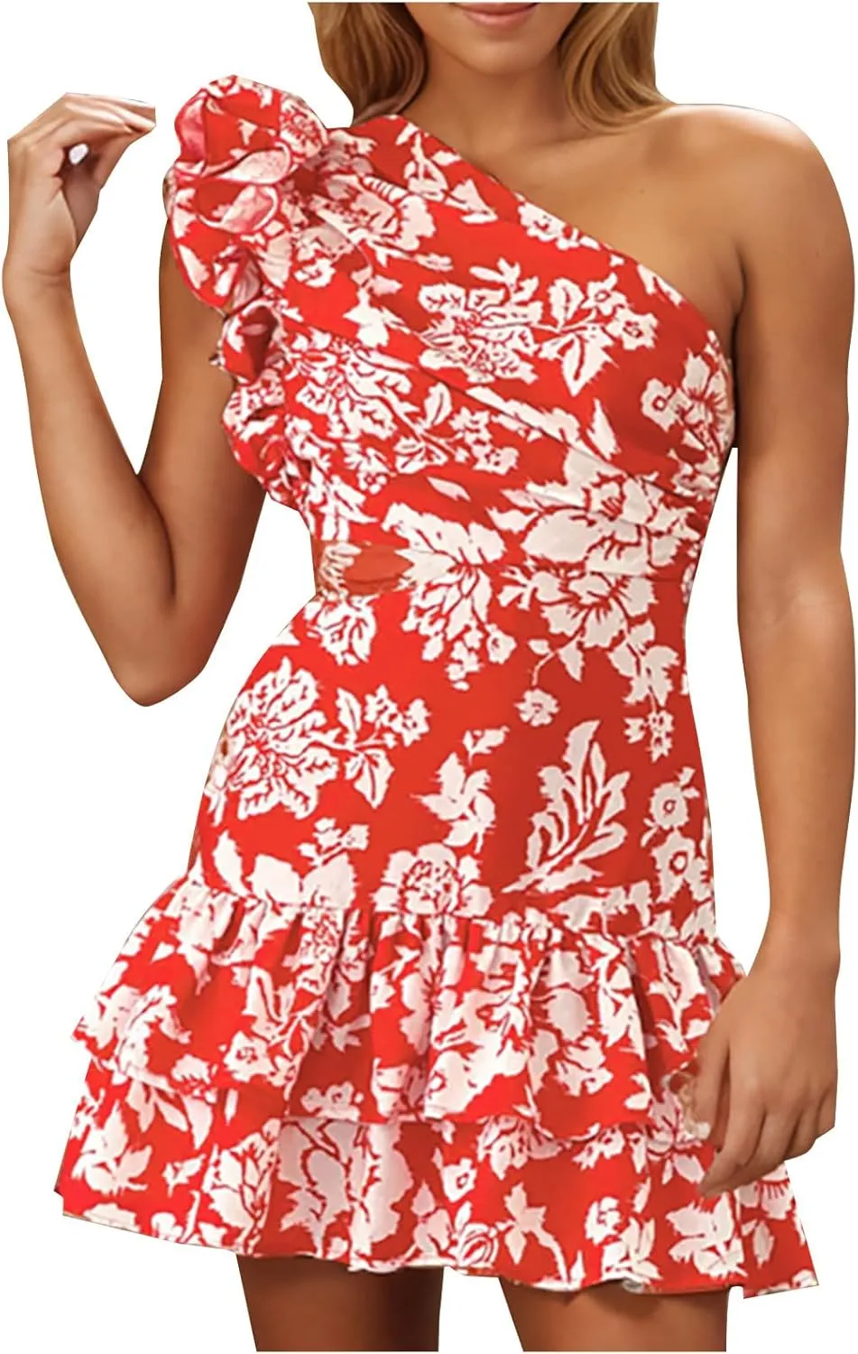 Women Boho Floral Beach Dress Frill Sleeveless One Shoulder Cut Out Mini Dresses Summer Tiered Ruffle Vacation Dress