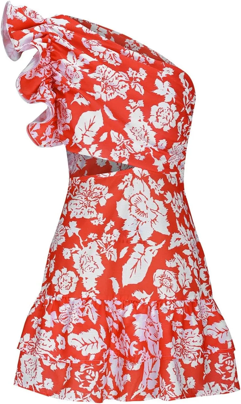 Women Boho Floral Beach Dress Frill Sleeveless One Shoulder Cut Out Mini Dresses Summer Tiered Ruffle Vacation Dress