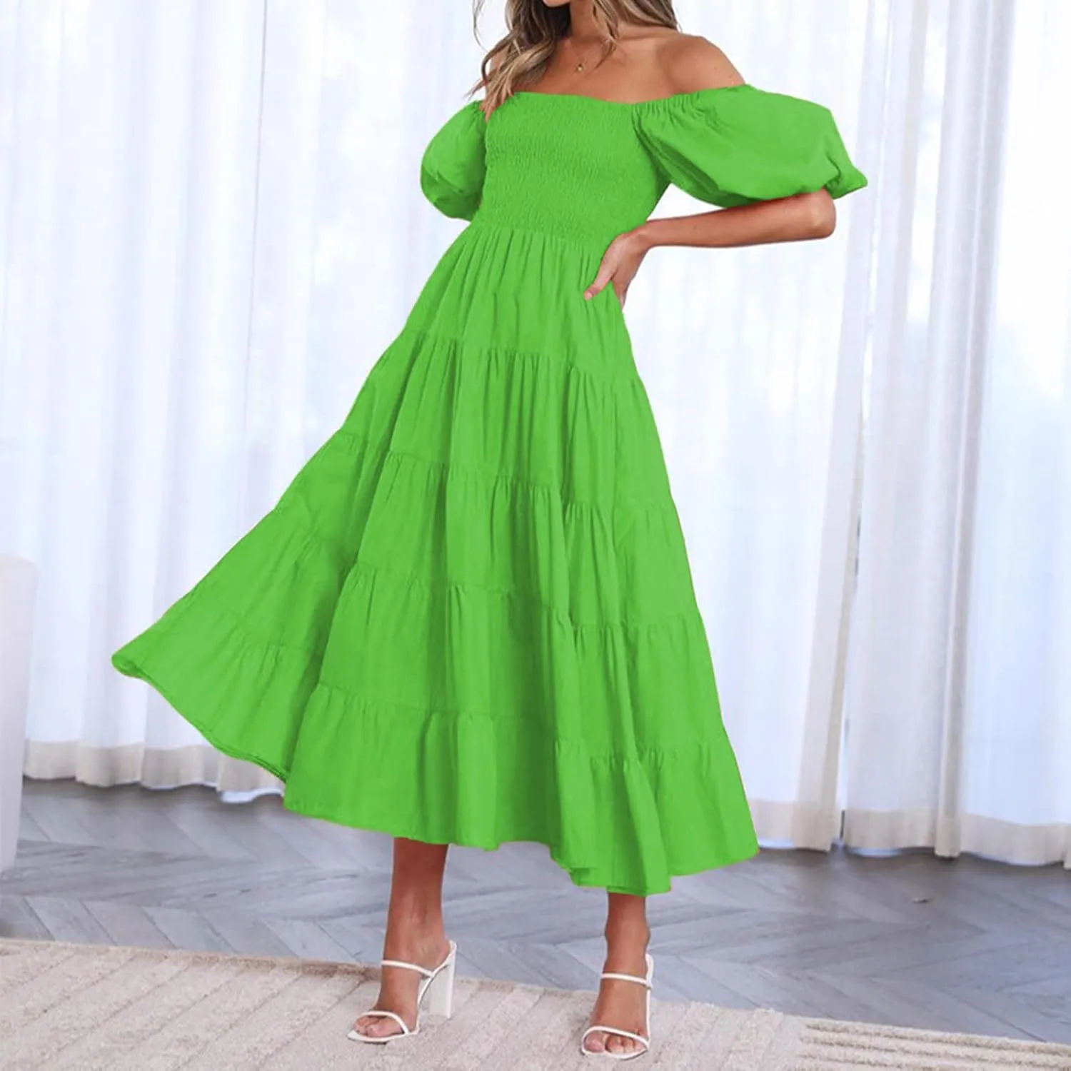 Women Elastic Off Shoulder Tiered Ruched A-Line Dress Puff Short Sleeve Smocked High Waist Summer Solid Midi Dresses