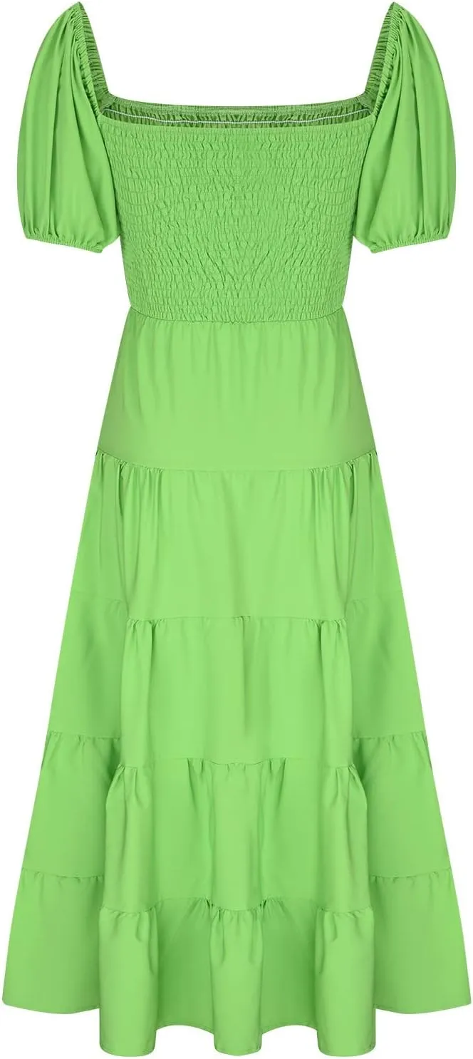 Women Elastic Off Shoulder Tiered Ruched A-Line Dress Puff Short Sleeve Smocked High Waist Summer Solid Midi Dresses