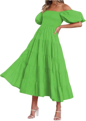 Women Elastic Off Shoulder Tiered Ruched A-Line Dress Puff Short Sleeve Smocked High Waist Summer Solid Midi Dresses