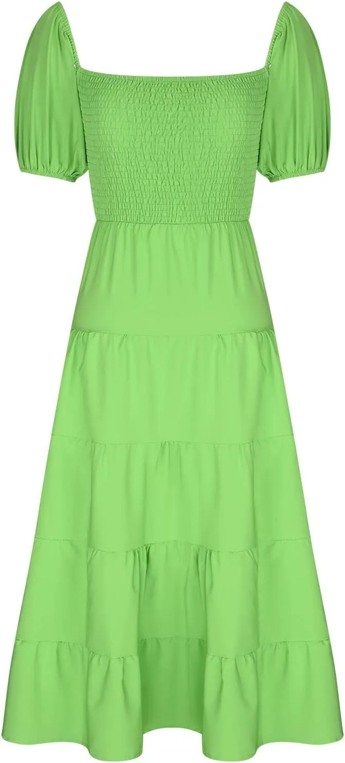 Women Elastic Off Shoulder Tiered Ruched A-Line Dress Puff Short Sleeve Smocked High Waist Summer Solid Midi Dresses