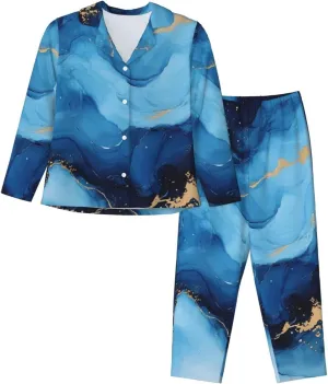 Women Pajamas Blue Abstract Marble Art Long Sleeved Pajama Set Sleepwear Button Loungewear Pants with Pockets