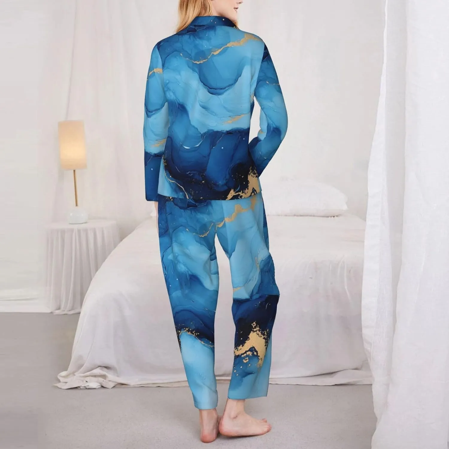 Women Pajamas Blue Abstract Marble Art Long Sleeved Pajama Set Sleepwear Button Loungewear Pants with Pockets