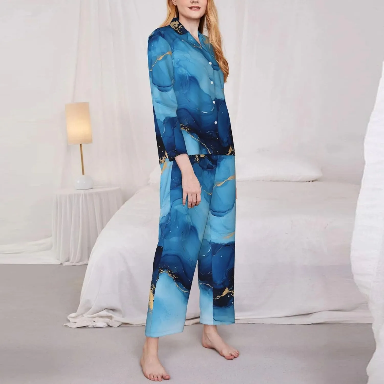 Women Pajamas Blue Abstract Marble Art Long Sleeved Pajama Set Sleepwear Button Loungewear Pants with Pockets