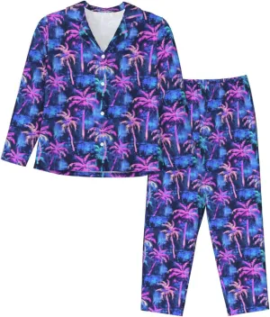 Women Pajamas Palm Tree Blue Long Sleeved Pajama Set Sleepwear Button Loungewear Pants with Pockets