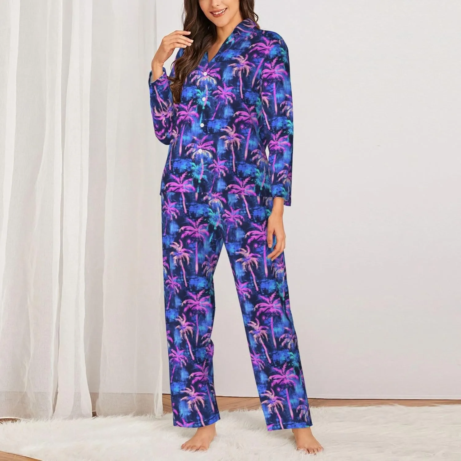 Women Pajamas Palm Tree Blue Long Sleeved Pajama Set Sleepwear Button Loungewear Pants with Pockets