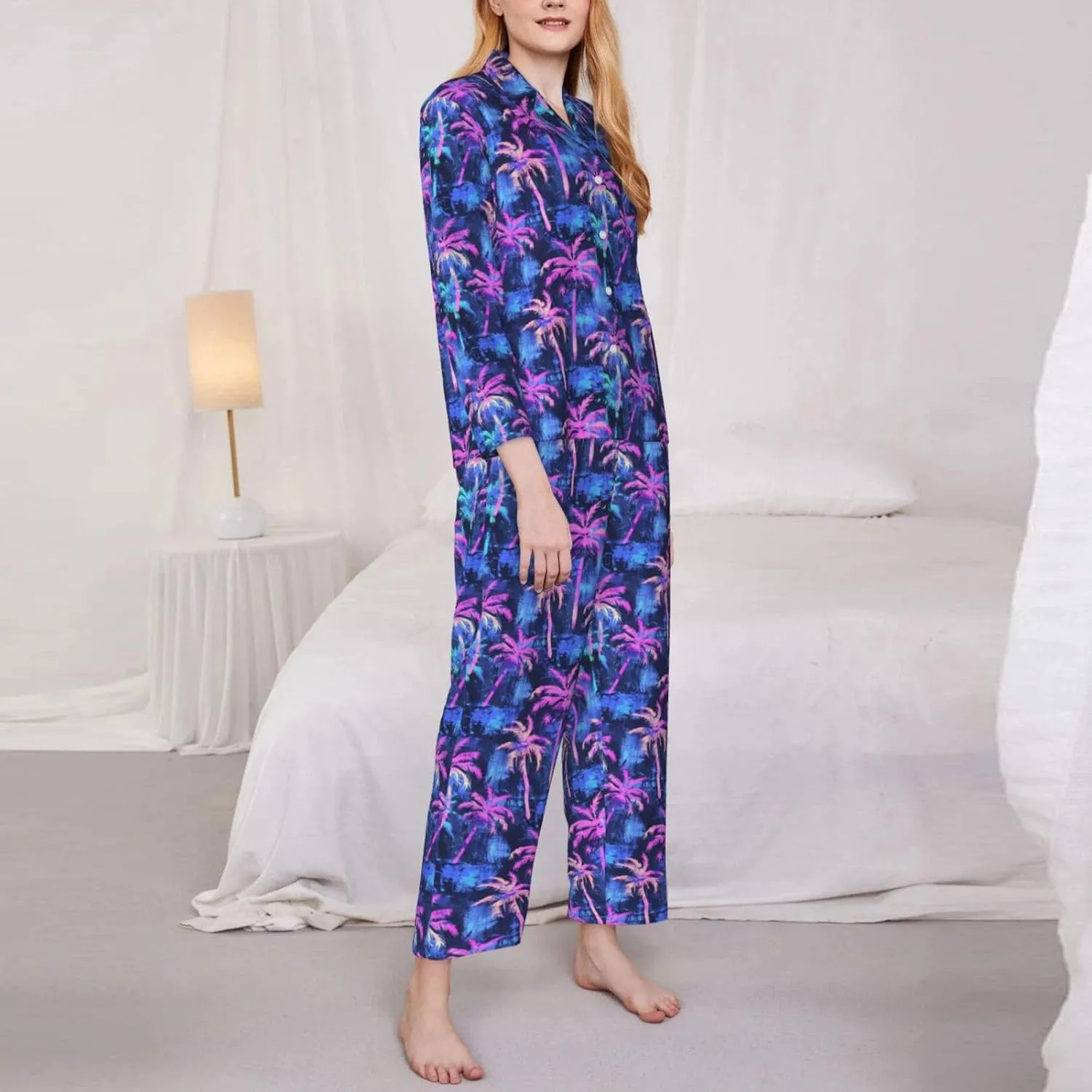 Women Pajamas Palm Tree Blue Long Sleeved Pajama Set Sleepwear Button Loungewear Pants with Pockets