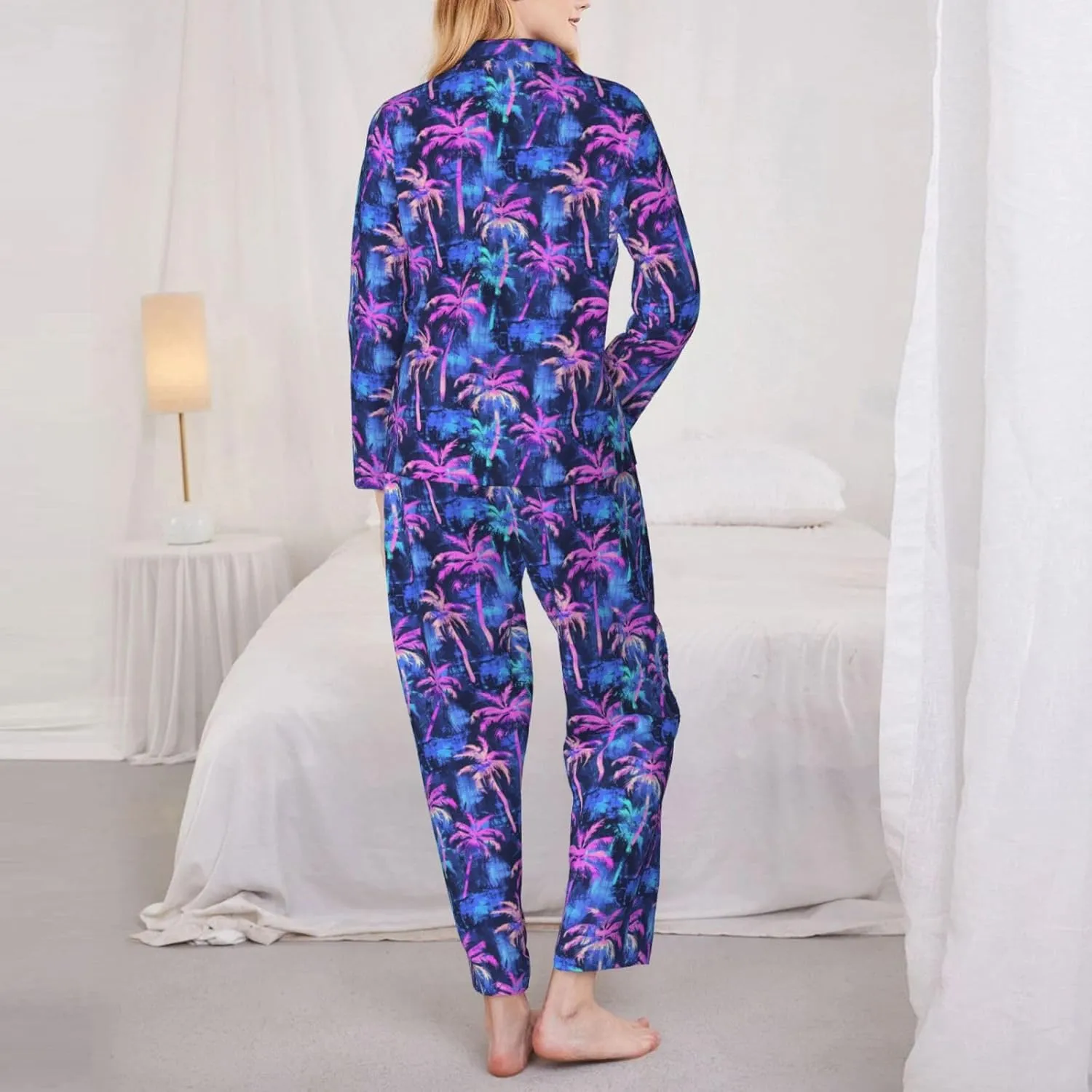 Women Pajamas Palm Tree Blue Long Sleeved Pajama Set Sleepwear Button Loungewear Pants with Pockets